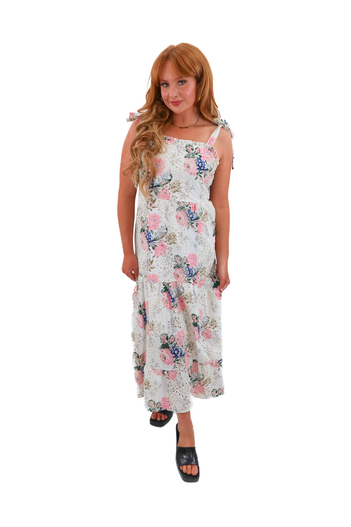 white and pink eyelet floral maxi dress (s; retail $68)