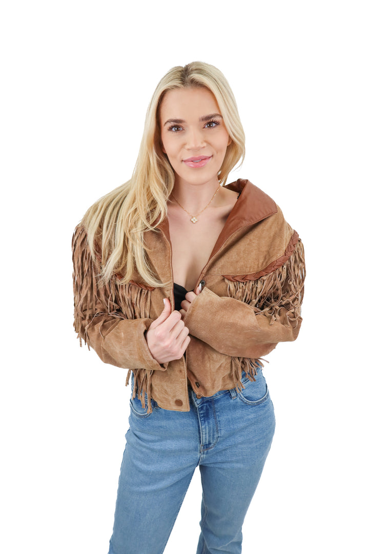 AUCTION (BID ONLY) leather gallery vintage brown fringe jacket (s)- ends at 8/19 at 8 pm CT