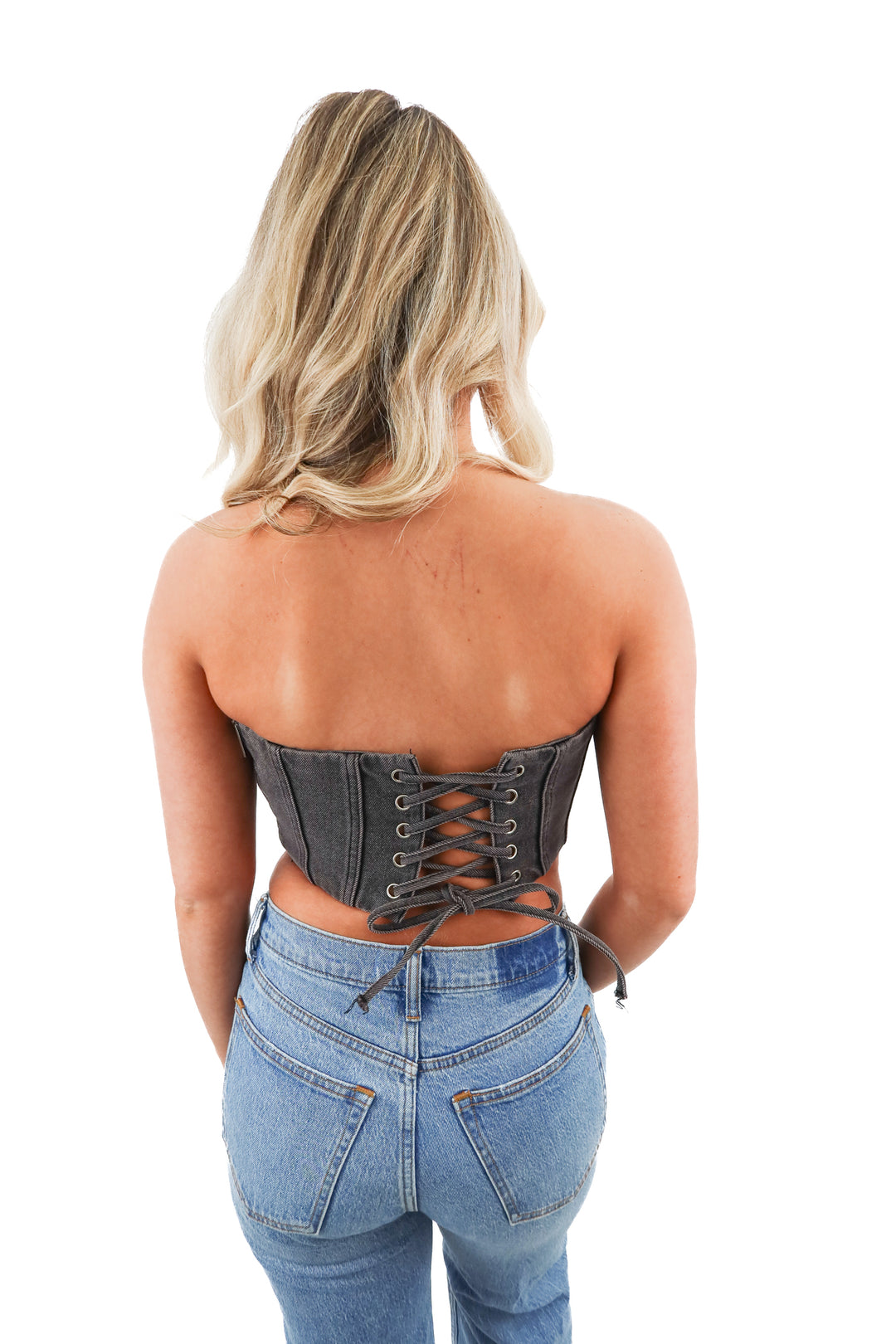babyboo charcoal strapless bustier lace up top (S; retail $98)
