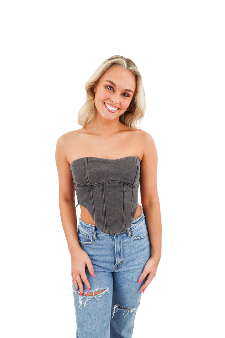 babyboo charcoal strapless bustier lace up top (S; retail $98)