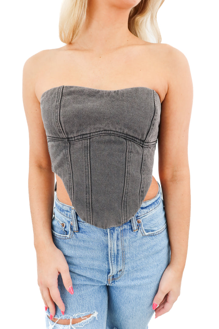 babyboo charcoal strapless bustier lace up top (S; retail $98)