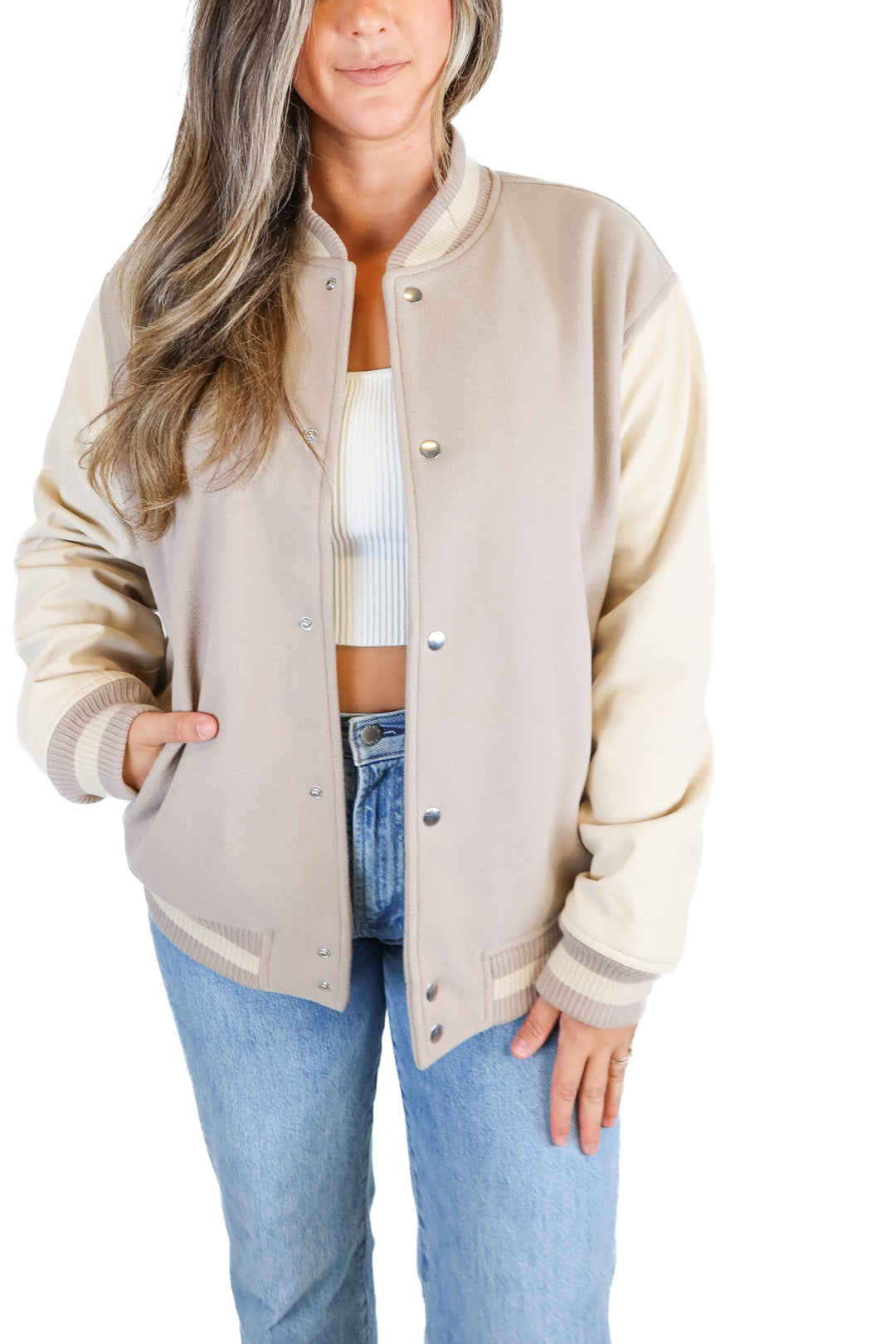 abercrombie & fitch neutral bomber jacket (m; retail $140)