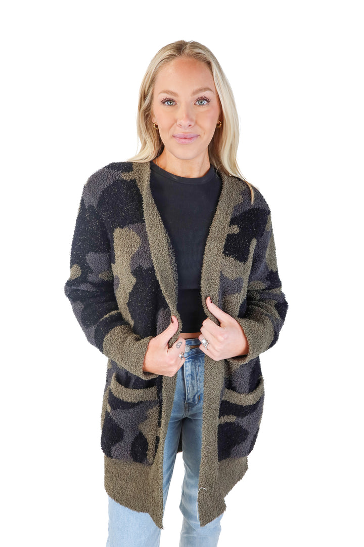 SOLD: barefoot dreams camo cardigan (s; retail $125)