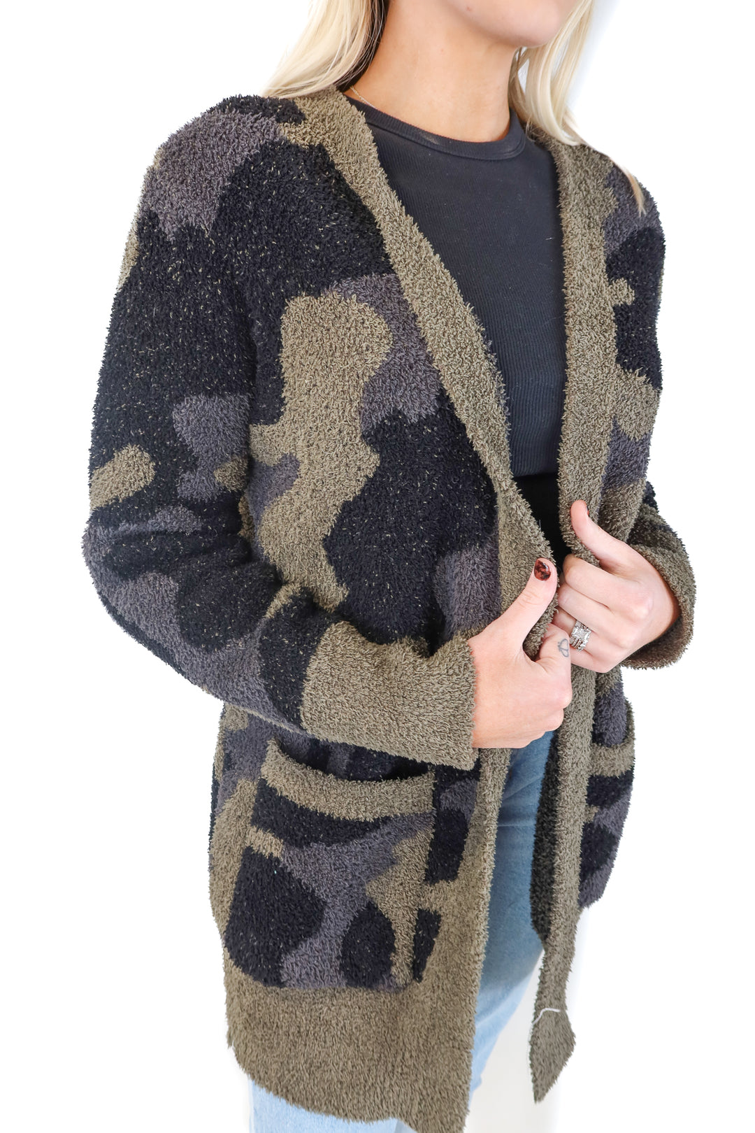 SOLD: barefoot dreams camo cardigan (s; retail $125)