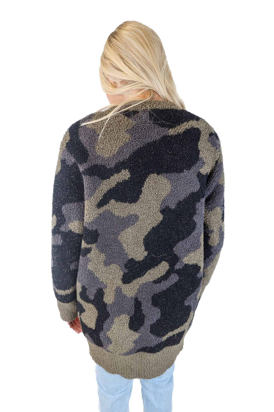 SOLD: barefoot dreams camo cardigan (s; retail $125)