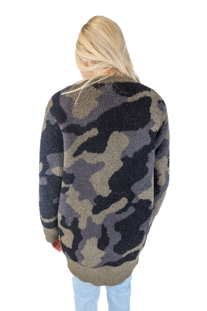 SOLD: barefoot dreams camo cardigan (s; retail $125)