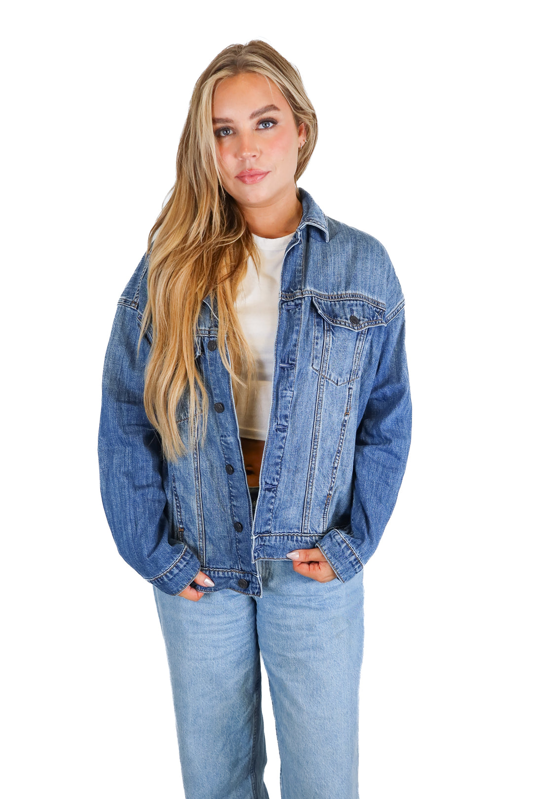 Carly Jean Medium Wash Oversized Denim Jacket (S)