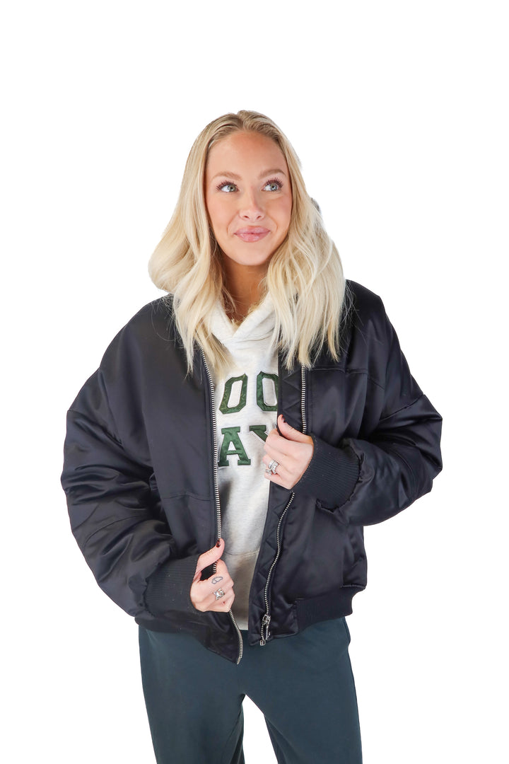 steve madden black bomber jacket (L; retail $129)