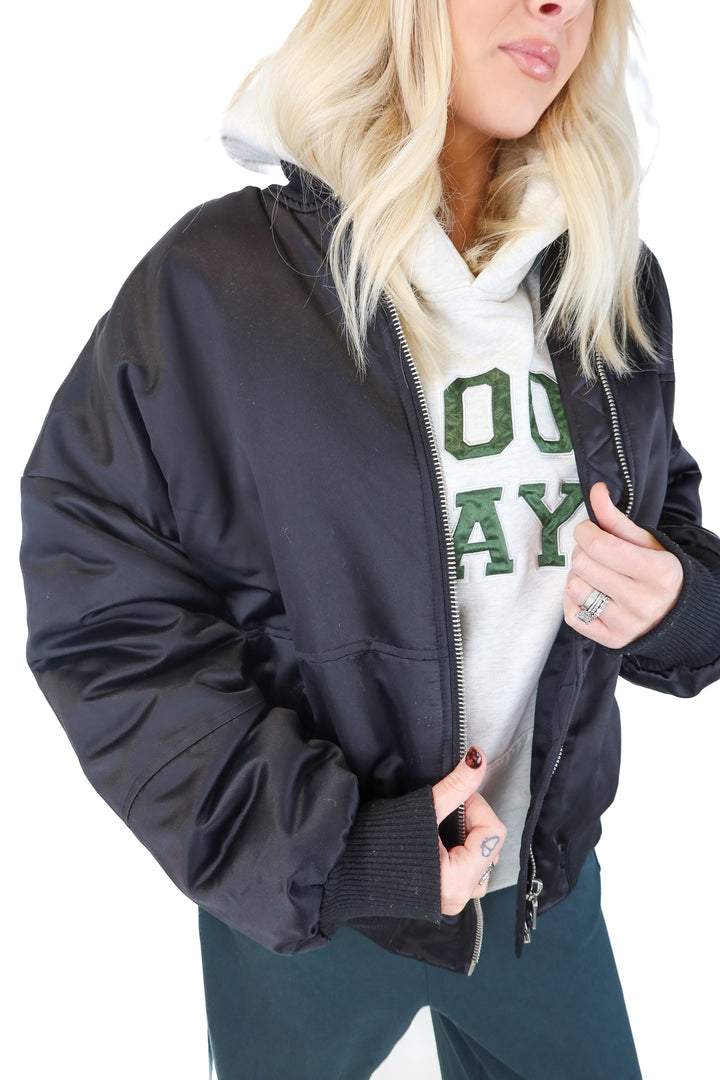 steve madden black bomber jacket (L; retail $129)