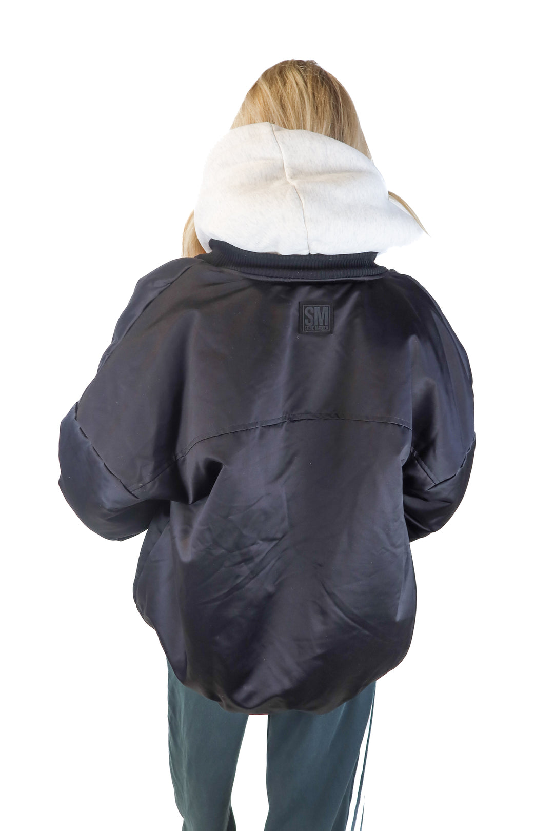 steve madden black bomber jacket (L; retail $129)