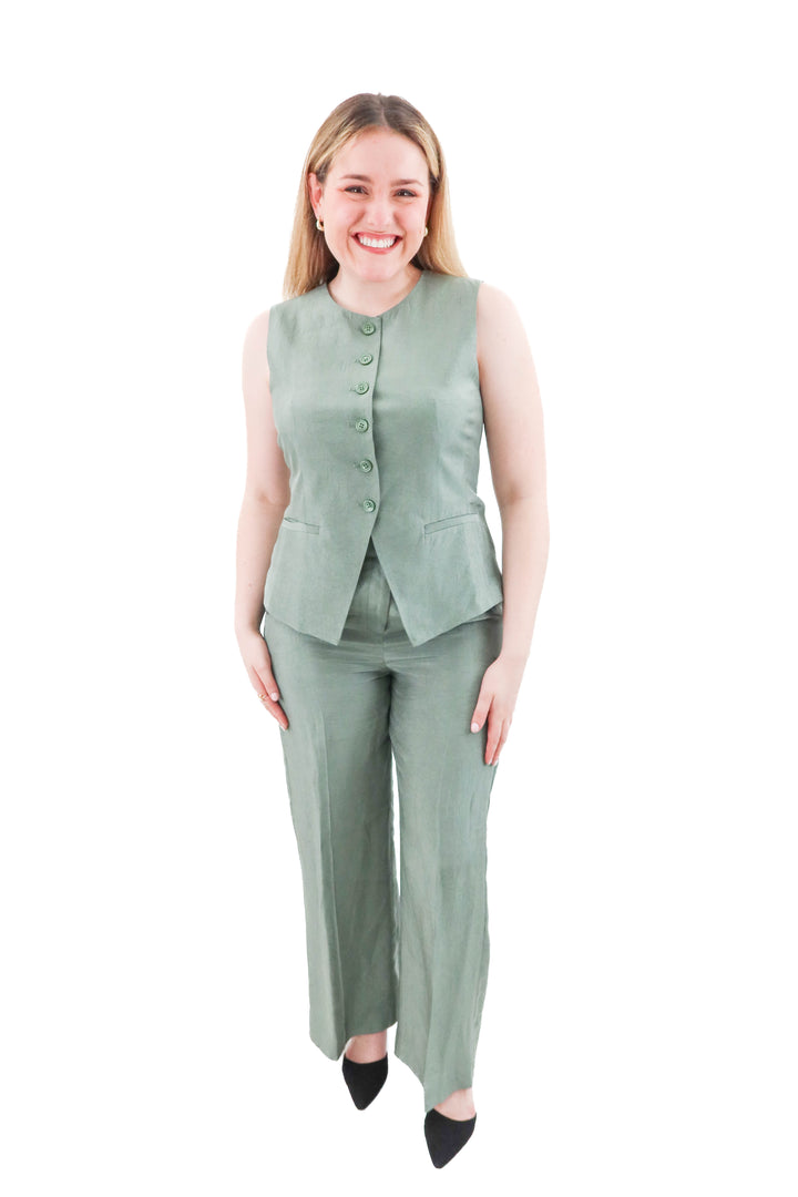 jcrew green satin vest and pant set (10; retail. $190)