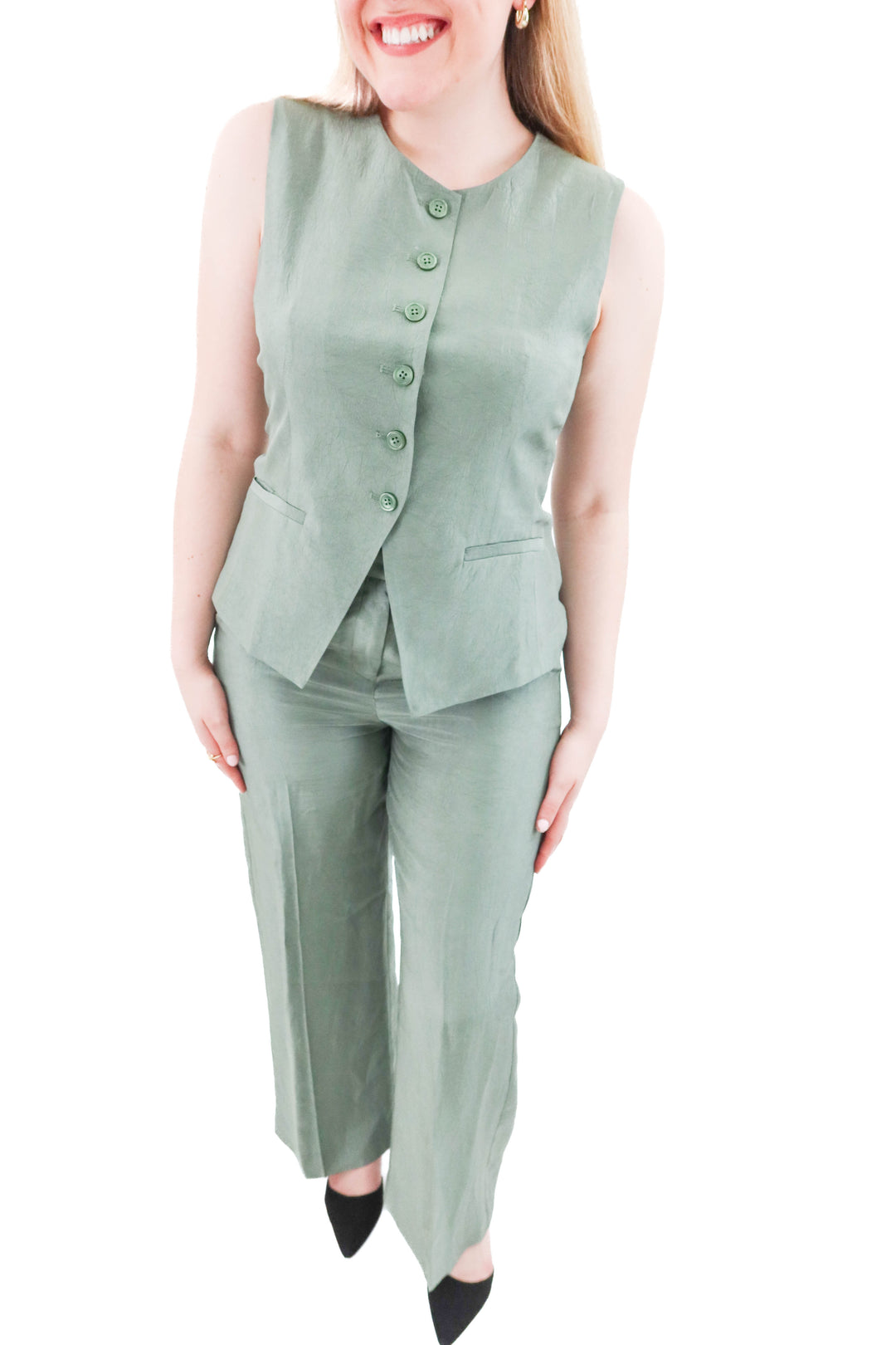 jcrew green satin vest and pant set (10; retail. $190)