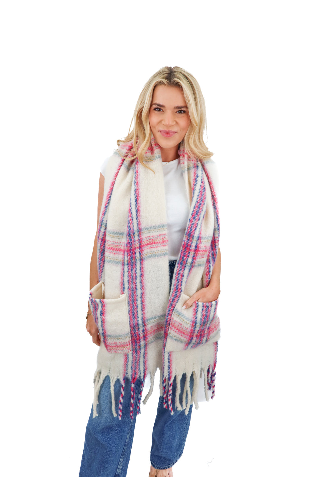 Pink and cream plaid scarf (OS)