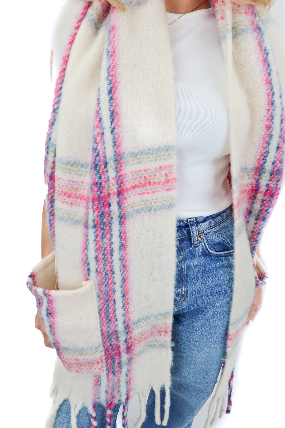 Pink and cream plaid scarf (OS)