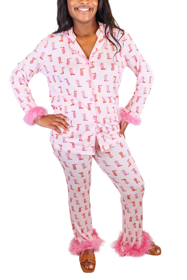 dream big little pink cowboy boot feather pj set NWT (m)