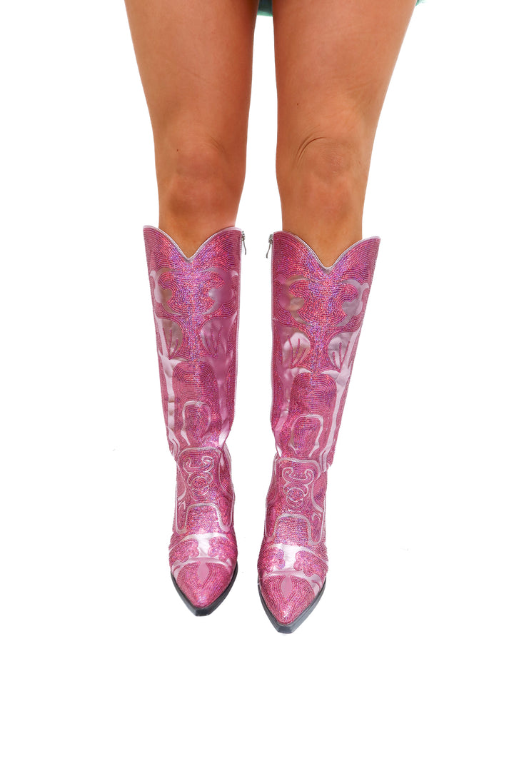 Azalea Wang pink sequin cowboy boots (7; retail $129)