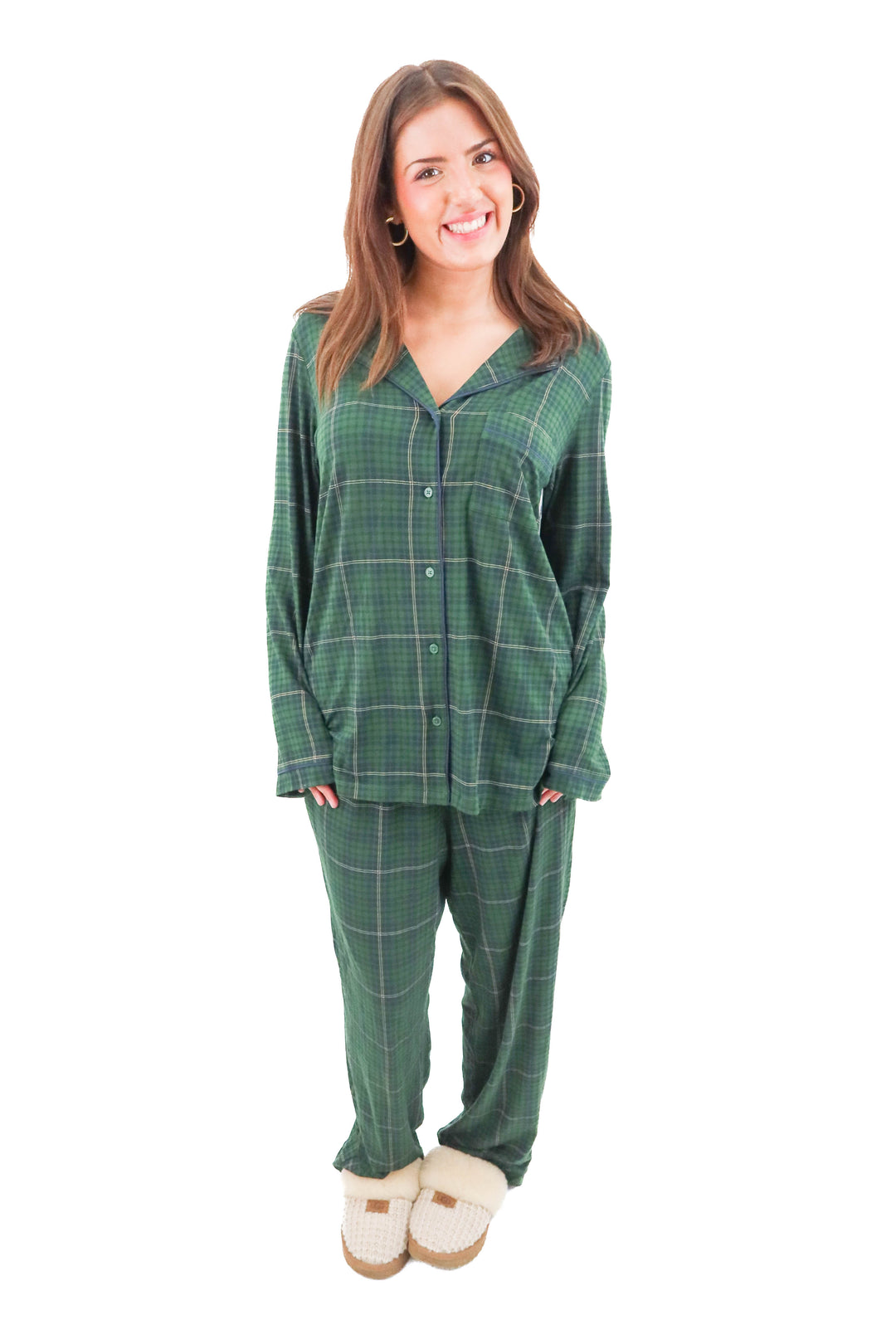 tommy john green plaid long sleeve pajama set (l; retail $148)