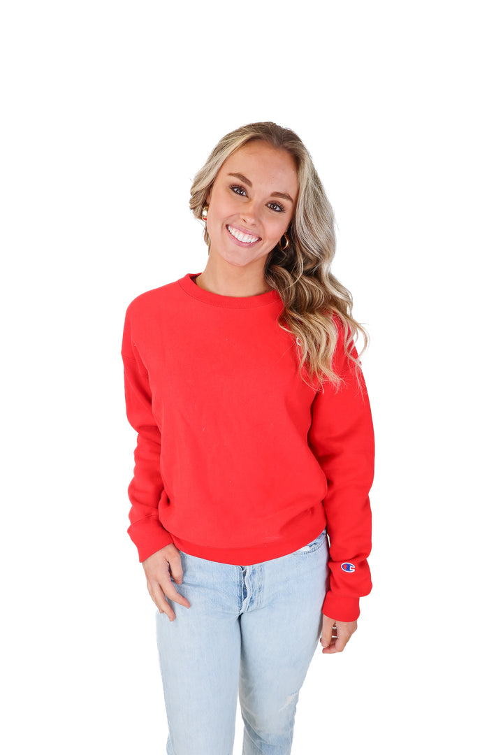 champion red crewneck (s; retail $50)
