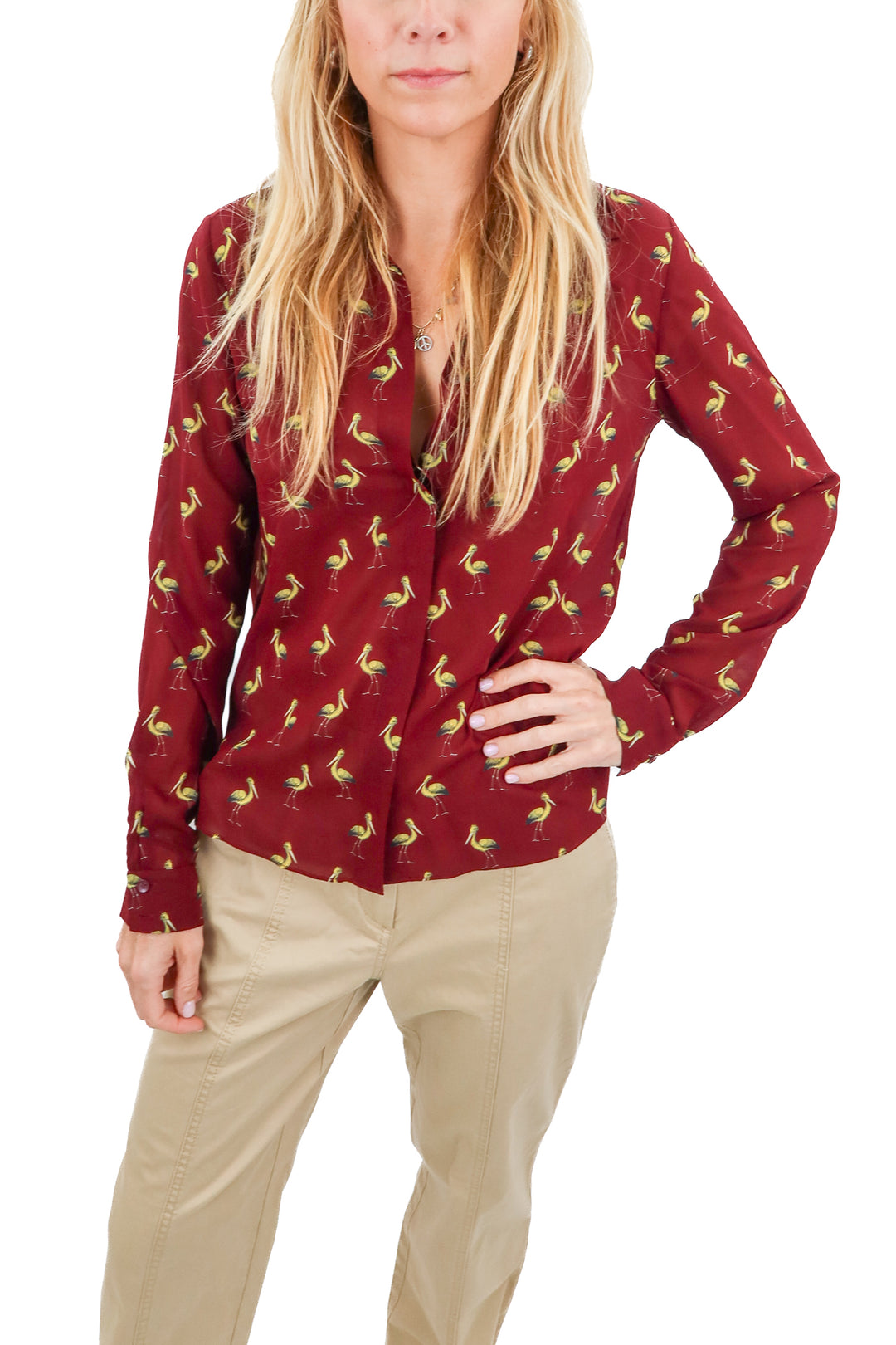 alice + olivia pelican button up (s; retail $350)
