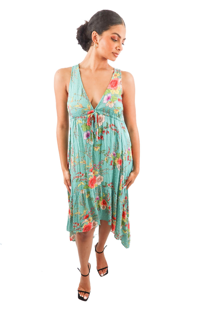 lovestitch green floral vneck maxi dress (M)