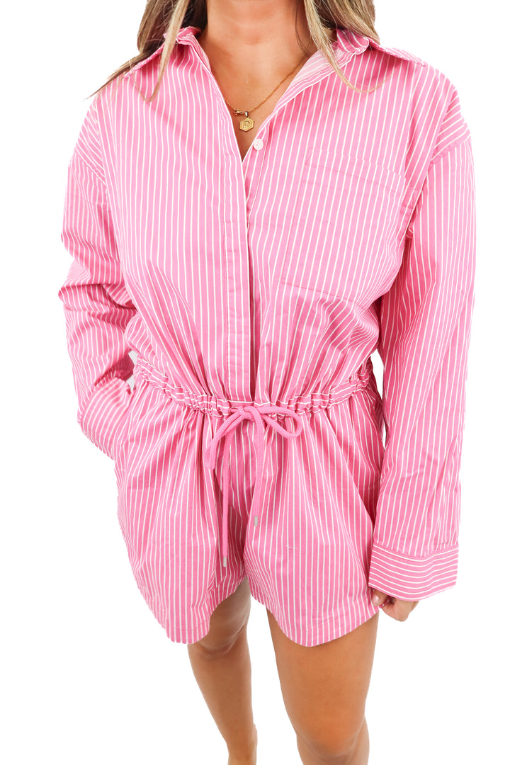 pistola pink stripe poplin romper NWT (L)