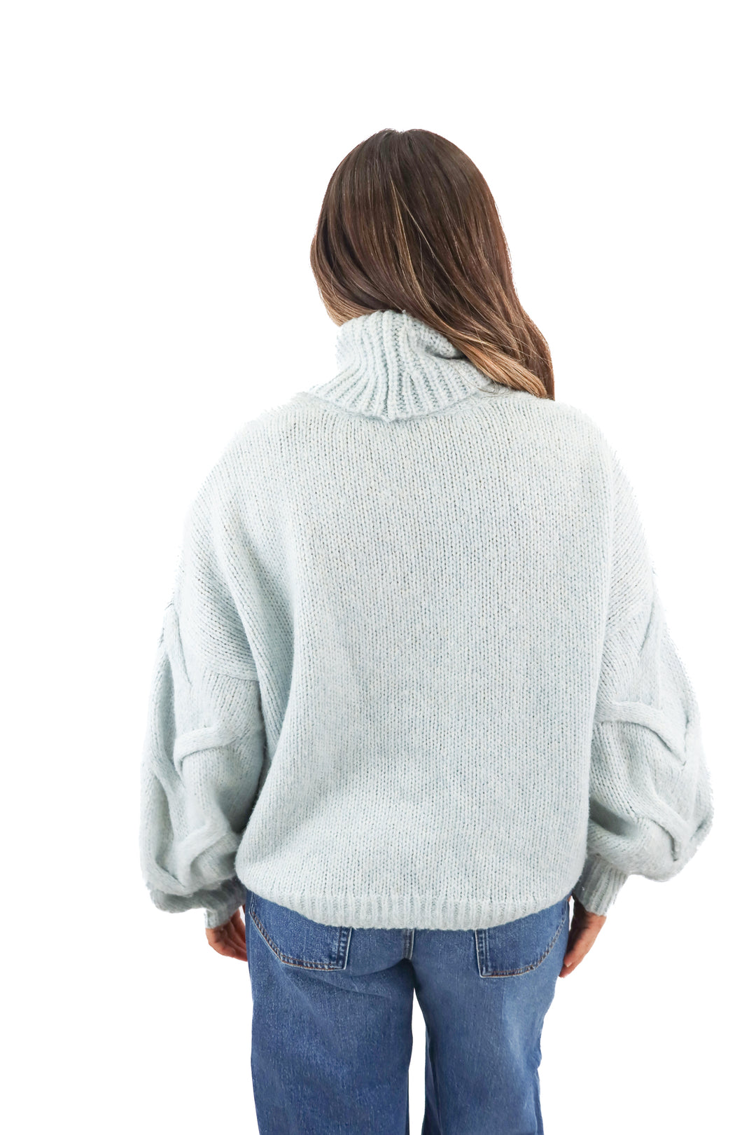 madewell blue cowlneck cable knit sweater (L)