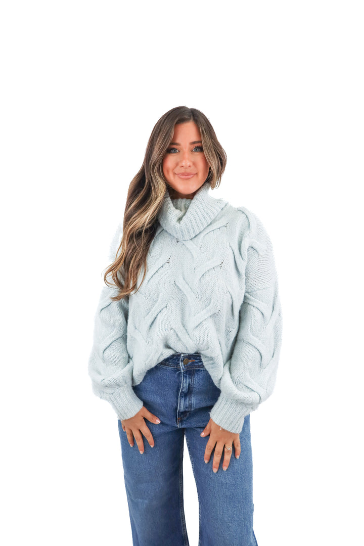 madewell blue cowlneck cable knit sweater (L)