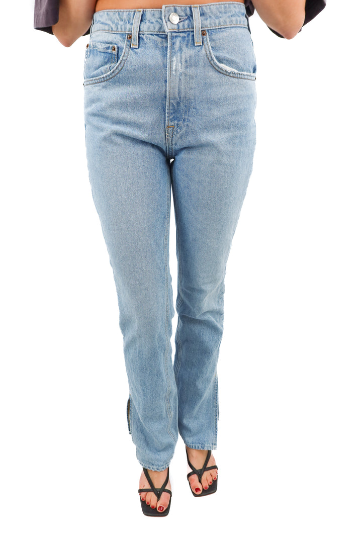 grlfrnd the harlow light wash high rise boot w/ slit (26; retail $217)