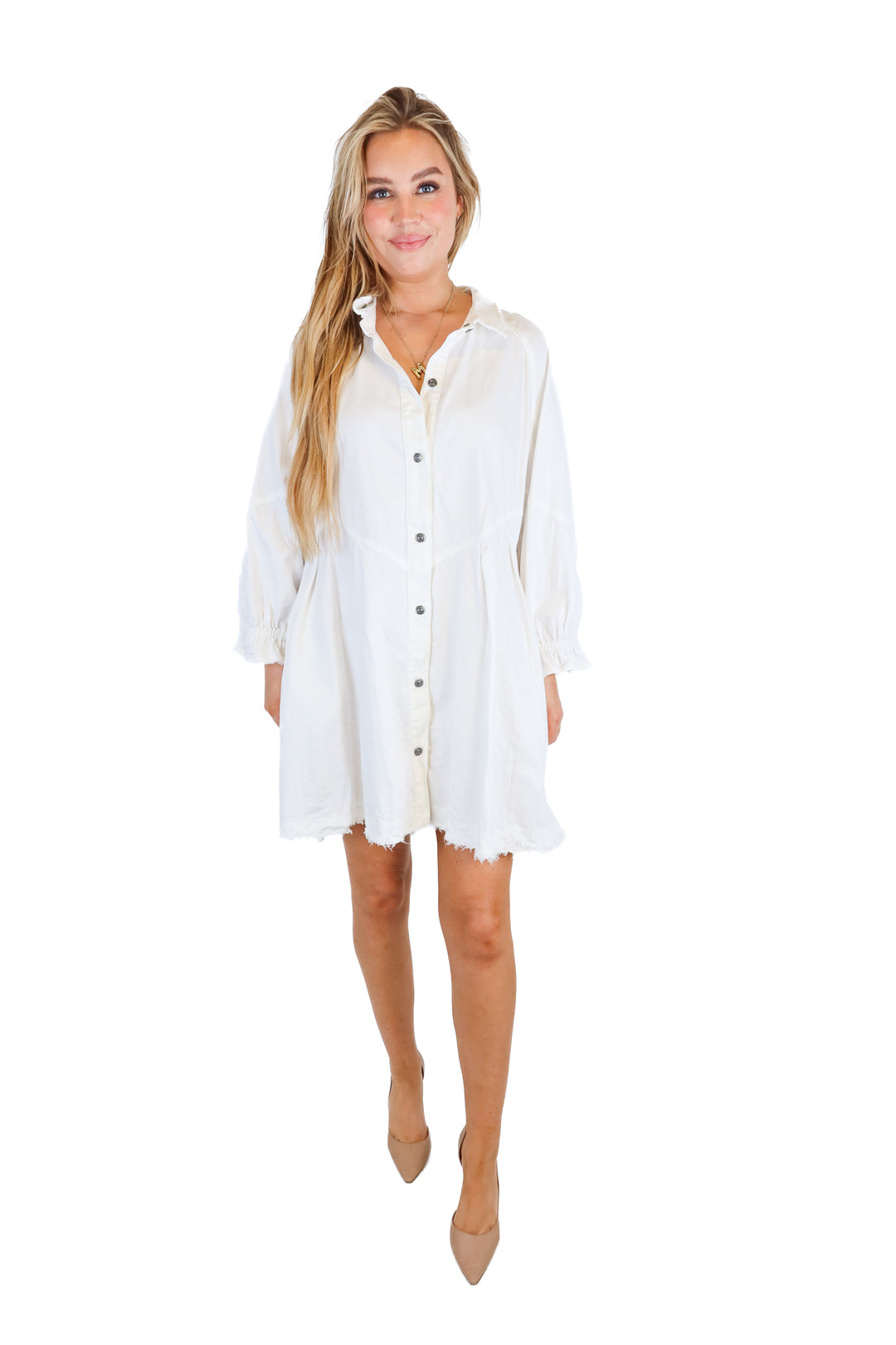 free people white denim long sleeve dress (L; retail $128)