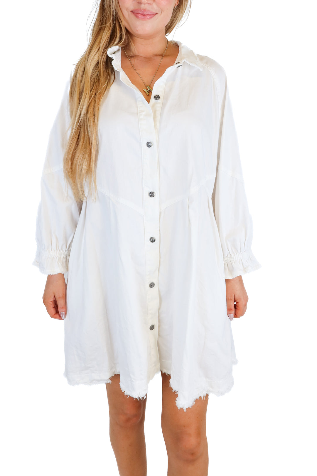 free people white denim long sleeve dress (L; retail $128)