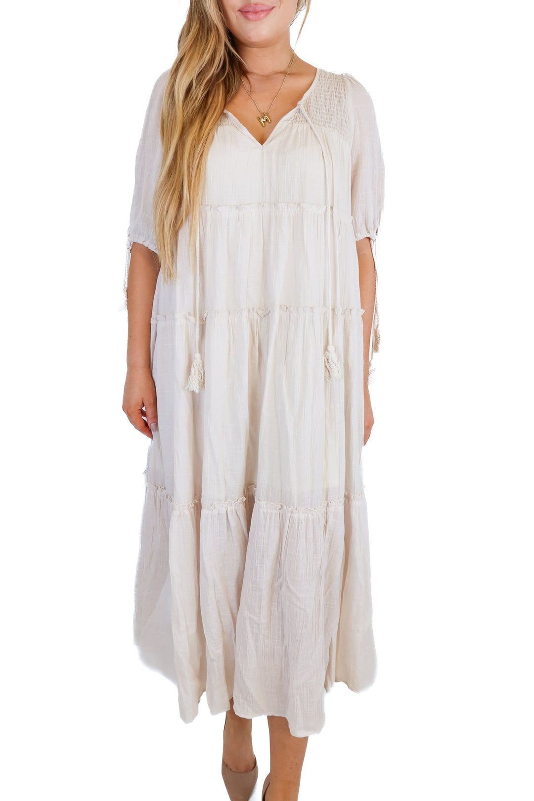 listicle beige tiered maxi dress (m)