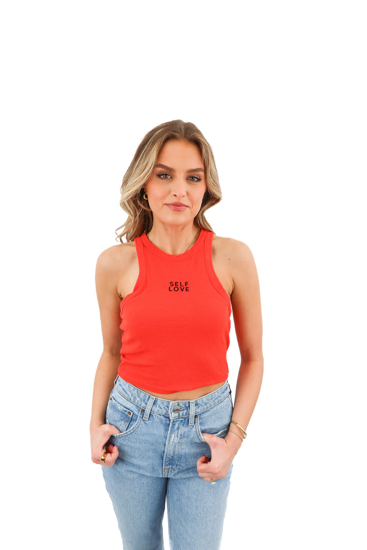 forever 21 red "self love" tank top (M)