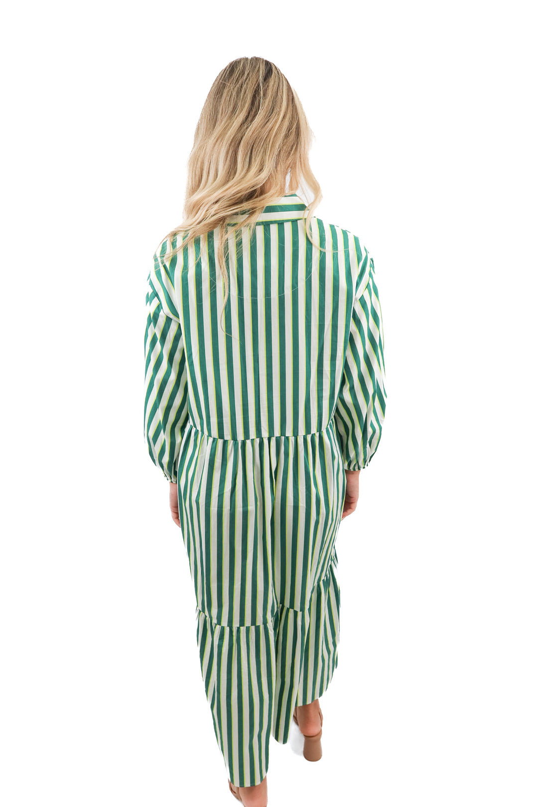 maeve green stripe long sleeve maxi dress (M)