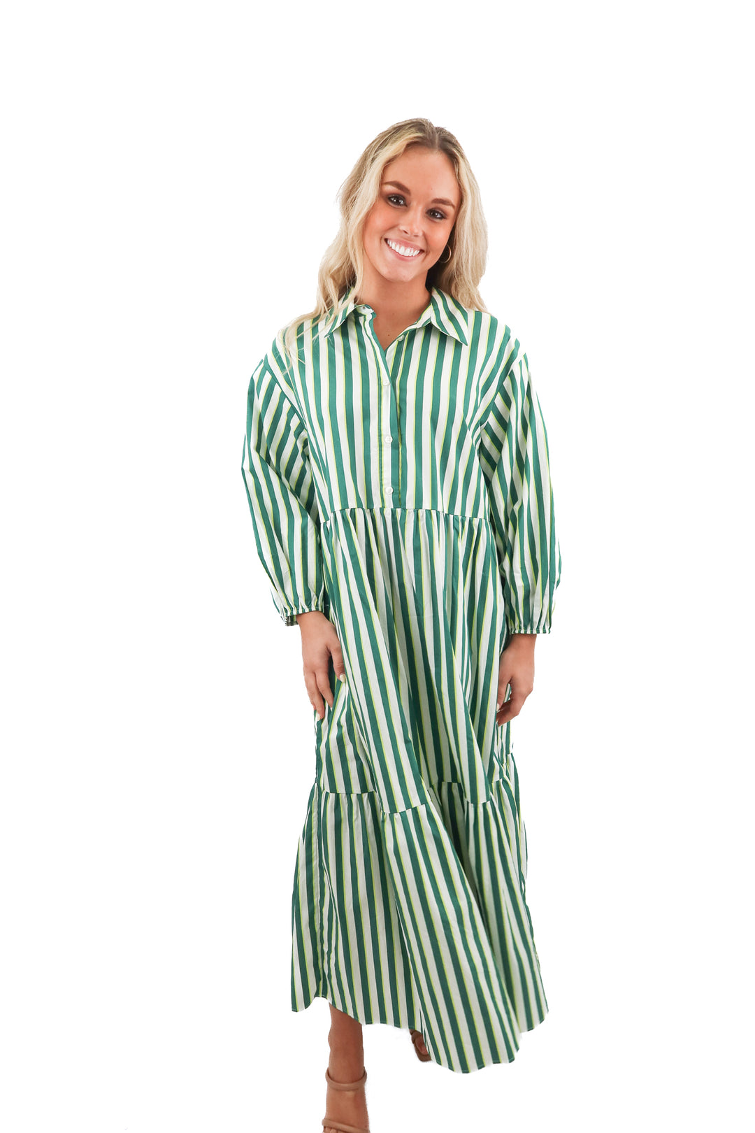 maeve green stripe long sleeve maxi dress (M)