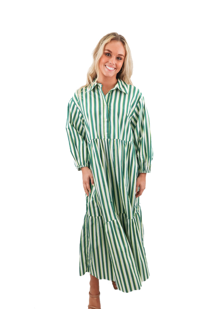 maeve green stripe long sleeve maxi dress (M)