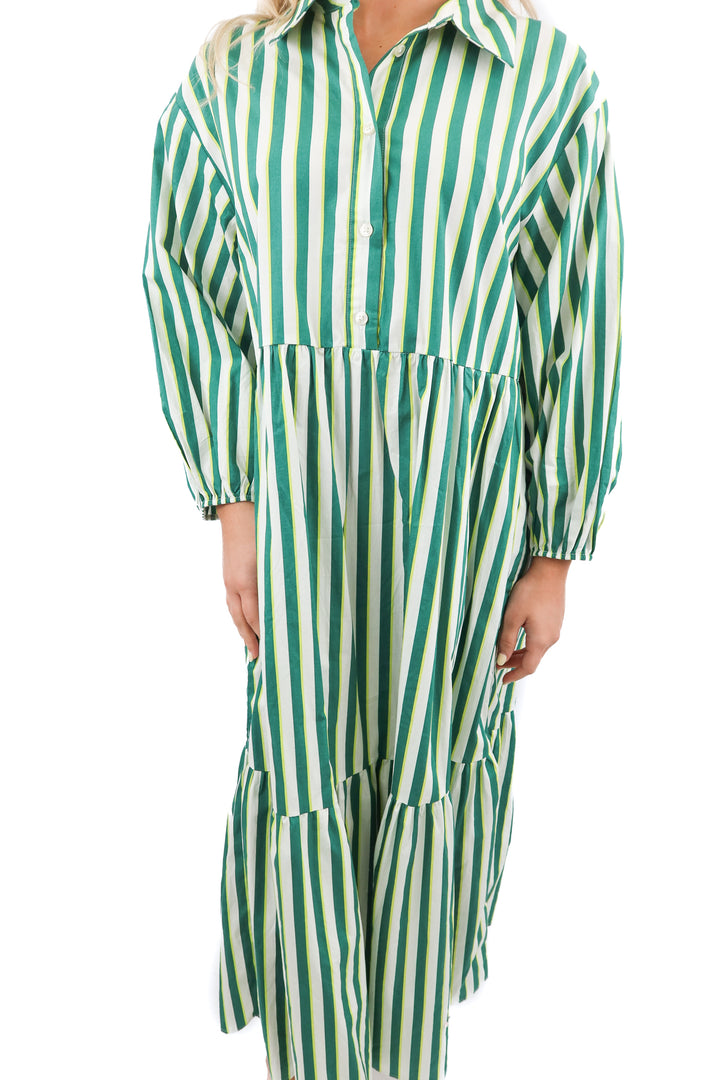 maeve green stripe long sleeve maxi dress (M)