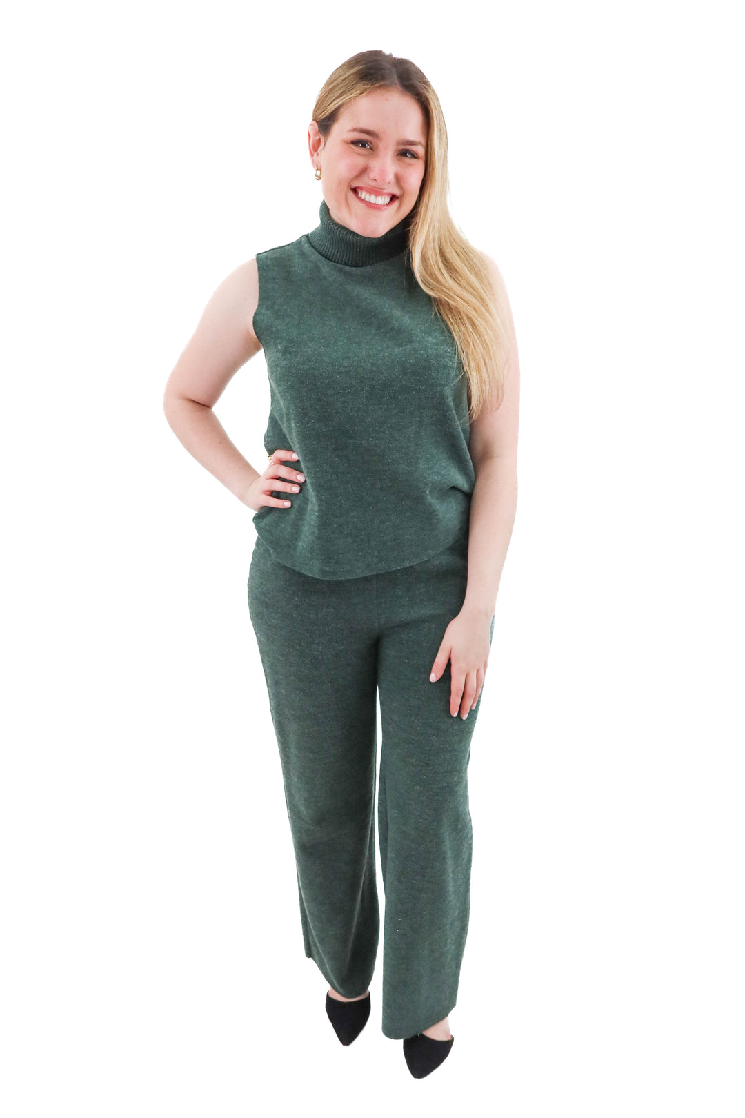 zara green knit top and pants set (l; retail $75)