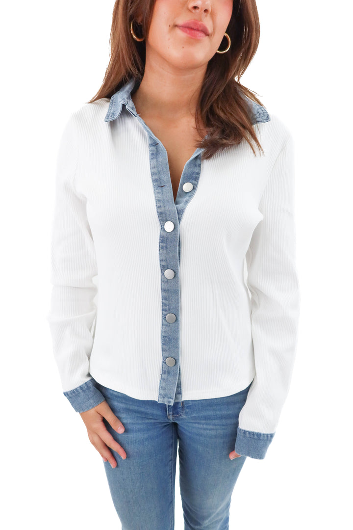 Dolan white ribbed top w denim accent nwt (m; retail $140)