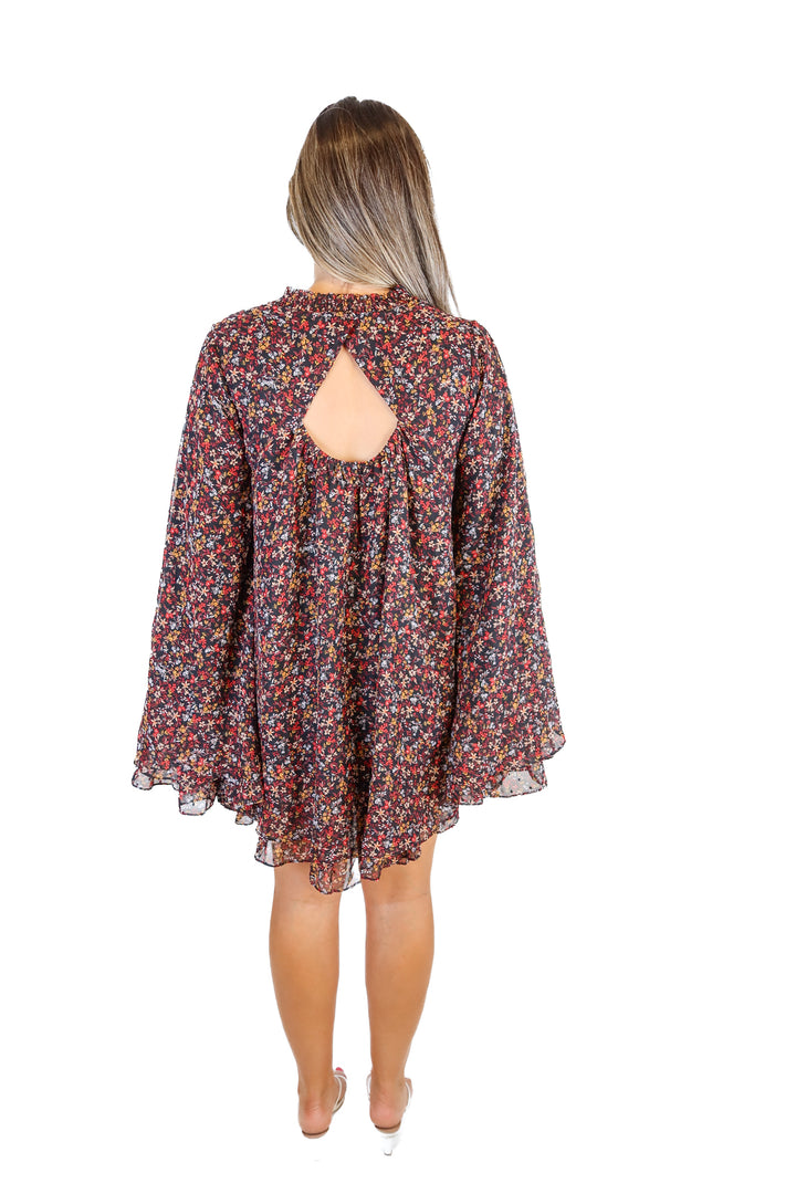 buddy love black floral flowy mini dress (L; retail $182)
