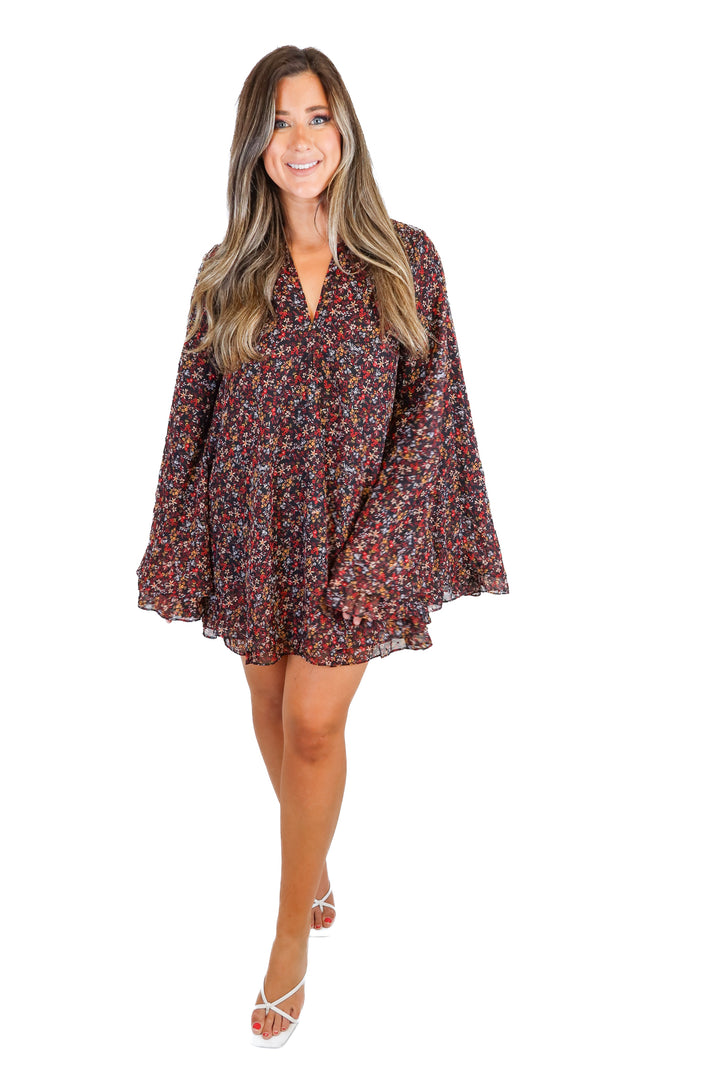 buddy love black floral flowy mini dress (L; retail $182)