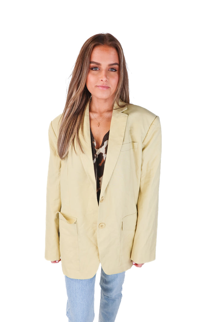 l'academie stretch linen boyfriend blazer in butter yellow NWT (s; retail $265)