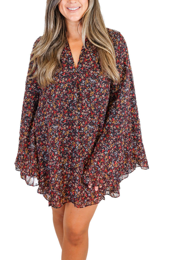 buddy love black floral flowy mini dress (L; retail $182)