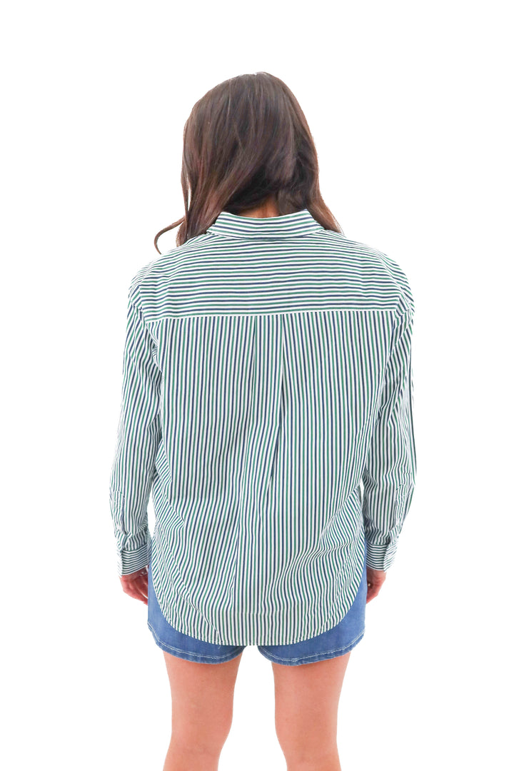 Spanx navy and green pinstripe button up nwt (m; retail $128)