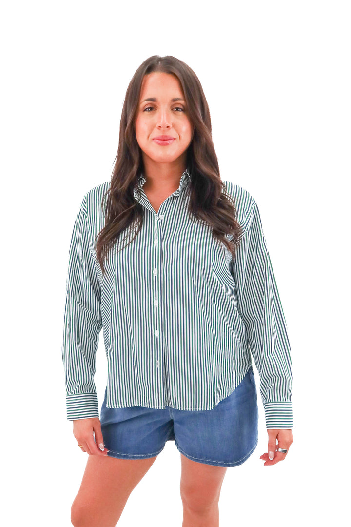 Spanx navy and green pinstripe button up nwt (m; retail $128)