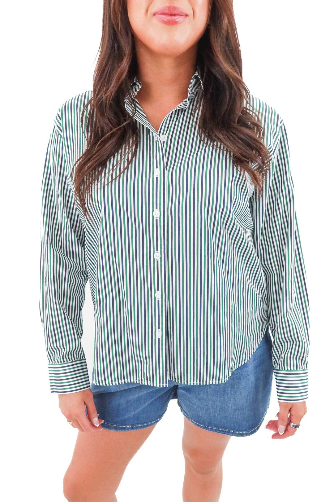 Spanx navy and green pinstripe button up nwt (m; retail $128)