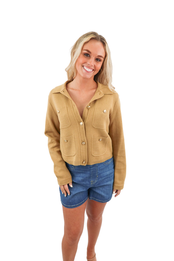 j. crew khaki green knit collared cardigan (M)