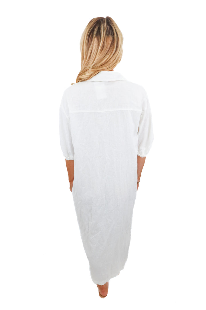 zara white linen button up dress (m)