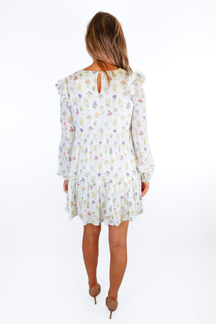 aura white ruffled floral dress (L; retail $69)