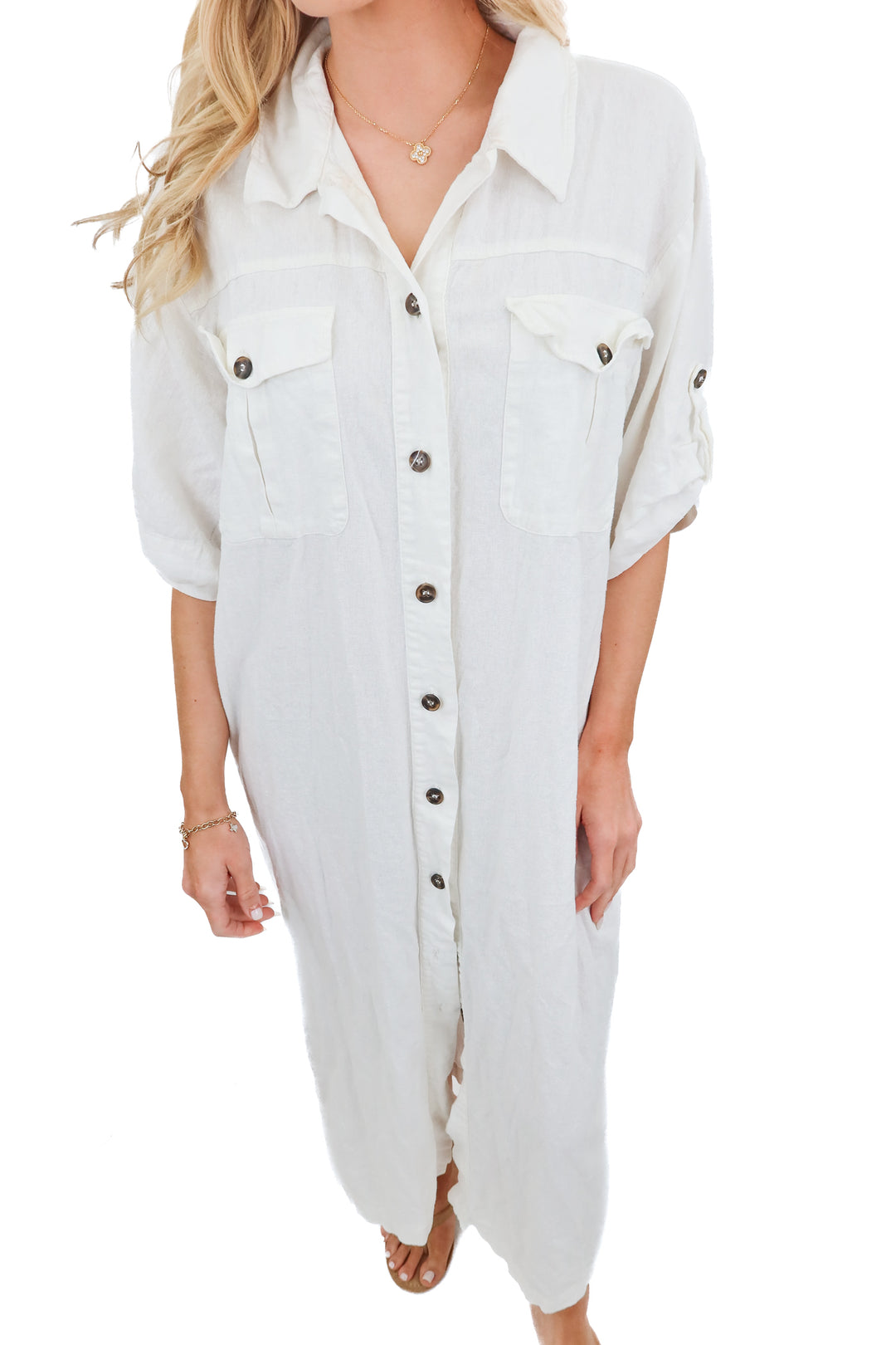 zara white linen button up dress (m)