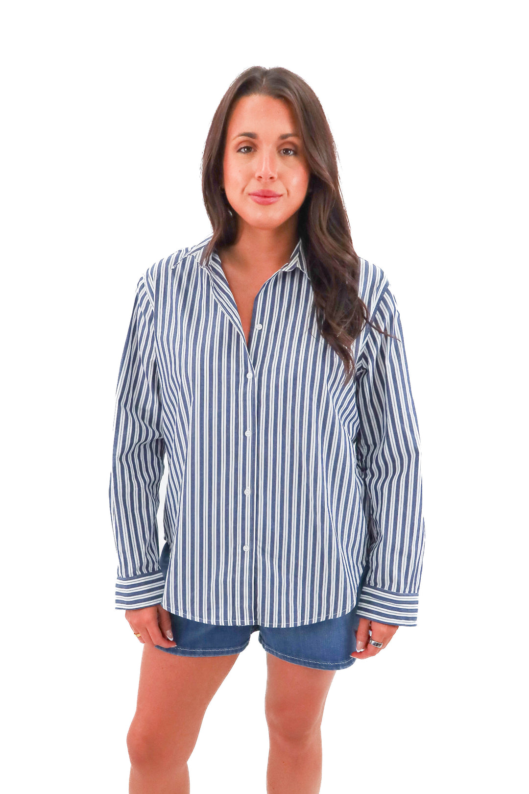 quince blue/white hudson stripe button up top (l; retail $49)